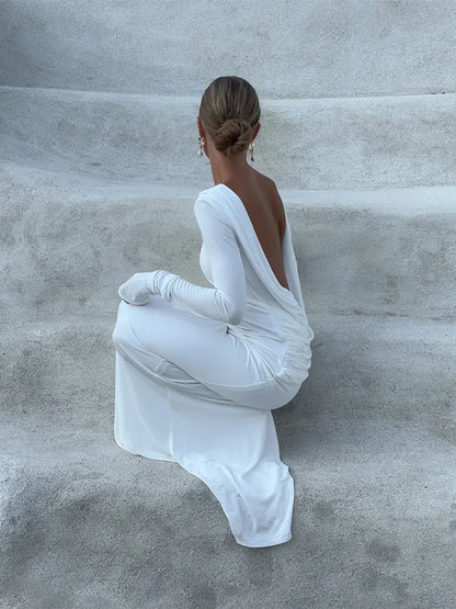 Chic Backless White Long Sleeved Slim Fit Dress for Women Pleated Elegant Round Neck Long Dresses 2024 New Female Evening Gowns
