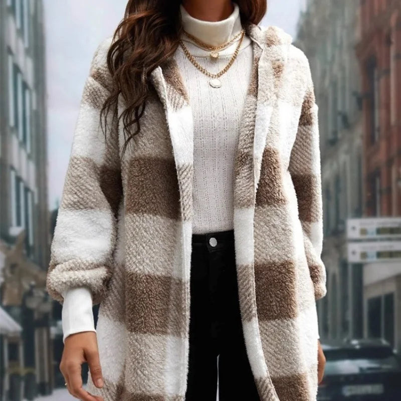Women Autumn Winter Double Fleece Plaid Cardigan Soft Loose Long Sleeve Plush Warm Hooded Jacket Female Patchwork Outerwear Coat