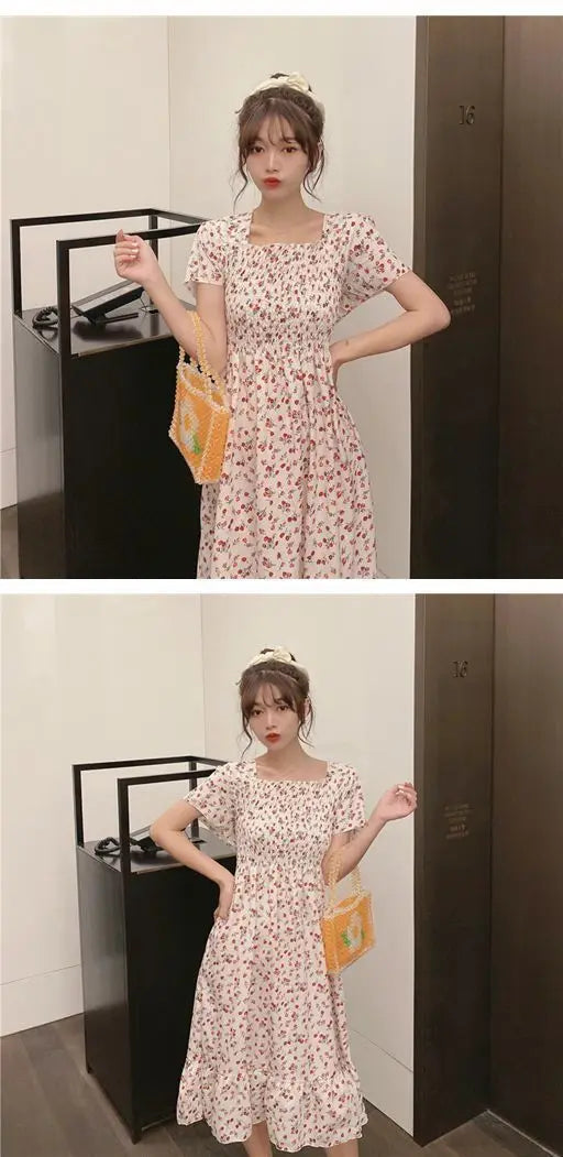2025 Spring Summer New Dress Women Mini Dresses Female Short Sleeve Elastic Bust Printed Floral Pleated Backless Casual Dress