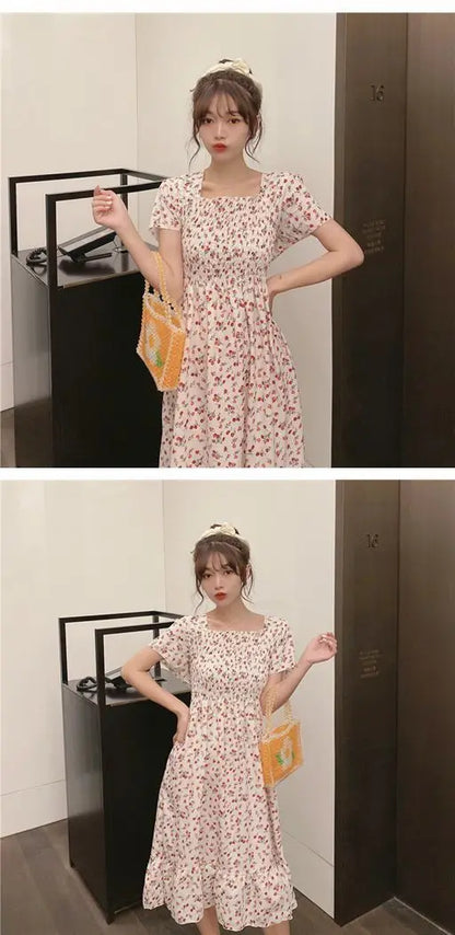 2025 Spring Summer New Dress Women Mini Dresses Female Short Sleeve Elastic Bust Printed Floral Pleated Backless Casual Dress