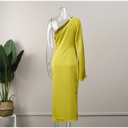 Sexy Women One Shoulder Long Sleeve Dresses Elegant Backless Split Side Slit Bodycon Dress 2023 Fashion Pleated Ladies Robe