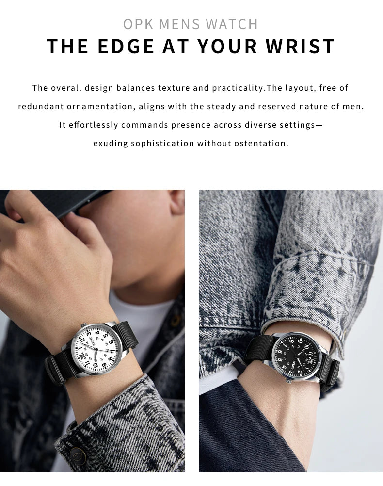 OPK 6090 Quartz Watches for Man Fashion Casual Nylon Webbing Watchband Dual Calendar Waterproof Luminous Men's Sports Watches