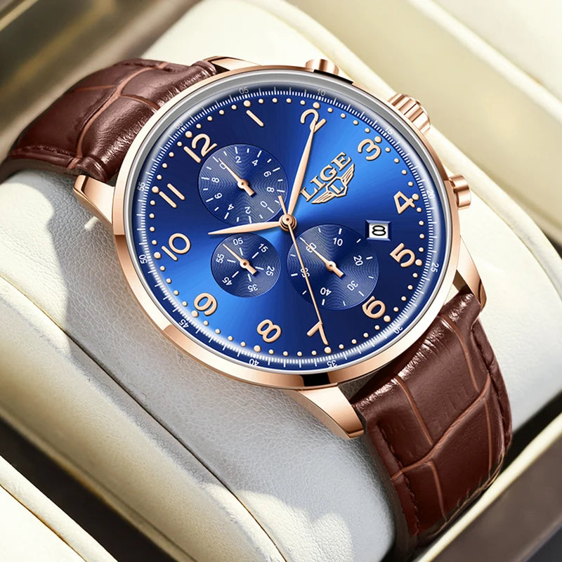 LIGE Casual Sports Watches For Men Fashion Business Leather Waterproof Quartz Men Watch Top Brand Luxury Military Chronograph