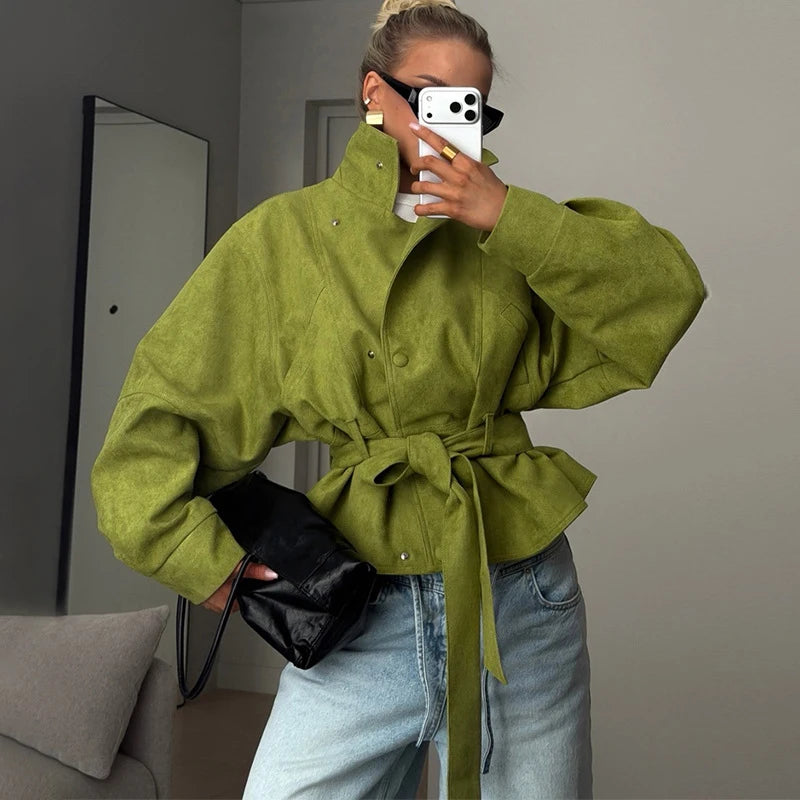 Women's Faux Suede Cropped Trench Coat Jacket Belted Notched Lapel Lace-up Retro Chic Outerwear Spring New High Street Outfit