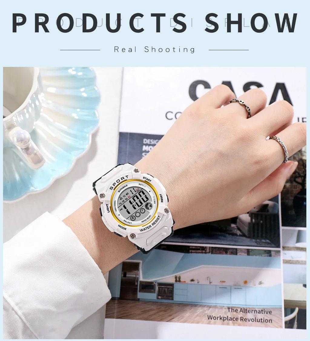 Synoke Shockproof Digital Sport's Watches Fashion PU Strap 50M Waterproof Colorful Light Led Chronograph Women's Wristwatch