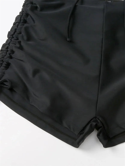 Sexy Drawstring Bikini Set 2026 Women Green Black Short Sleeve Two Piece Swimsuit Summer Bathing Suit Pleate High Waist Swimwear