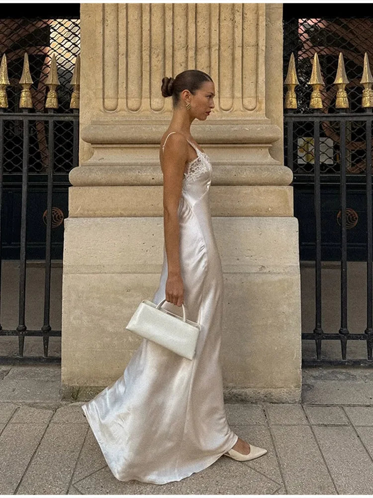 2025 Elegant Satin Solid Maxi Dresses Women Luxury Lace Splicing Sleeveless Off Shoulder Backless V-neck Robe Lady Party Outfits