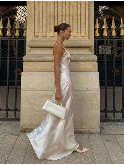 2025 Elegant Satin Solid Maxi Dresses Women Luxury Lace Splicing Sleeveless Off Shoulder Backless V-neck Robe Lady Party Outfits