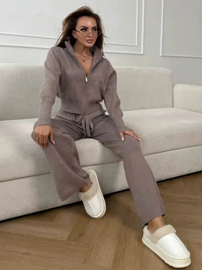 Blubelle Women's New Autumn Winter Zip Up Knit Set Trendy Slim Fit Cardigan Pants Chic Commuting Sweater Outfit