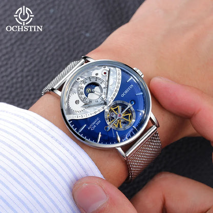 OCHSTIN Men's Stainless Steel Mesh Bracelet Watches Man High-Grade Cooktop Glass Skeleton Mechanical Flying Tourbillon Watch