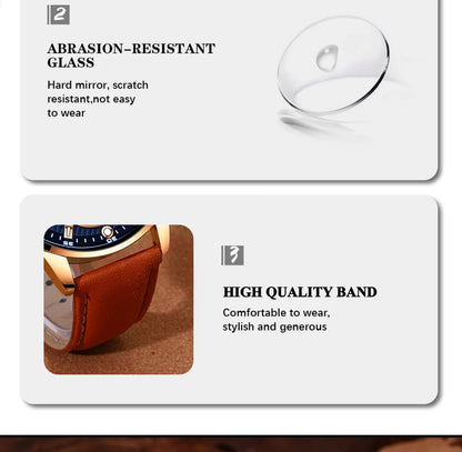 2PCS Set Fashion Mens Calendar Watches Luxury Male Business Casual Brown Leather Quartz Watch Men Bracelet Wrist Watch