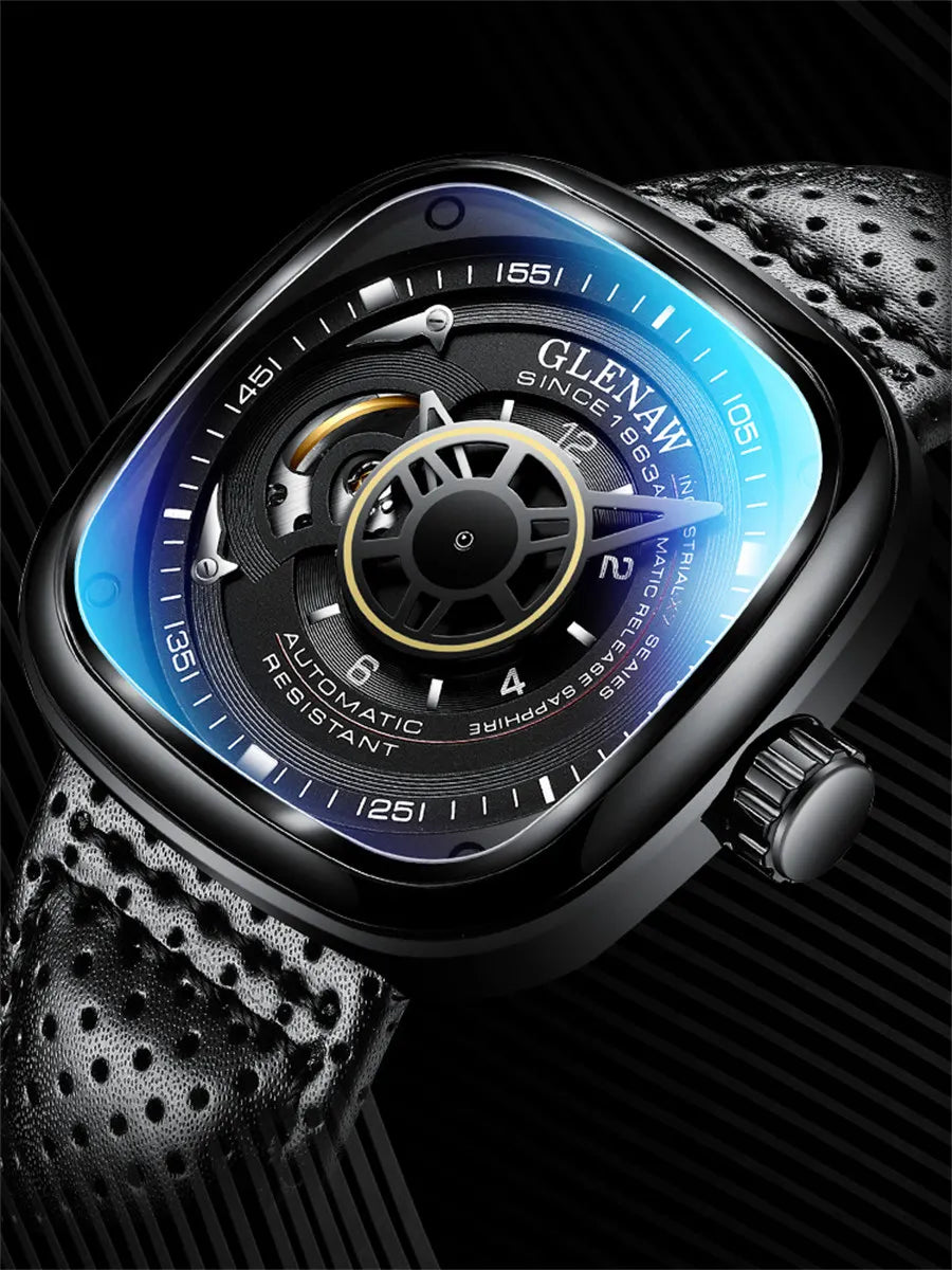 GLENAW Mechanical Watch for Men Breathable Leatherstainless Steel Automatic Skeleton Mens Watches Top Brand Luxury Reloj Hombre