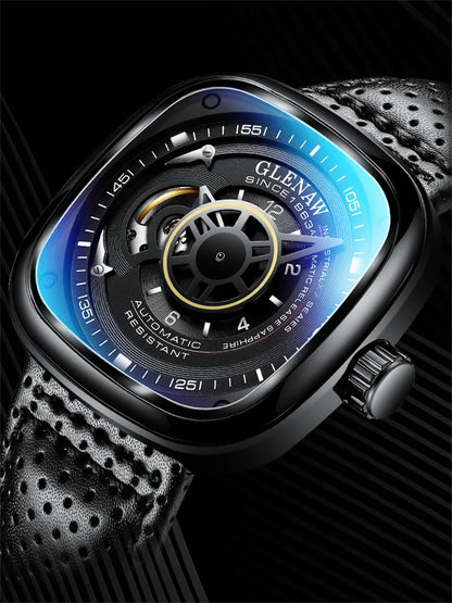 GLENAW Mechanical Watch for Men Breathable Leatherstainless Steel Automatic Skeleton Mens Watches Top Brand Luxury Reloj Hombre