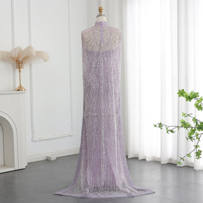 Sharon Said Luxury Pearls Dubai Champagne Evening Dresses with Cape New Arabic Women Mermaid Wedding Party Prom Dress SS369