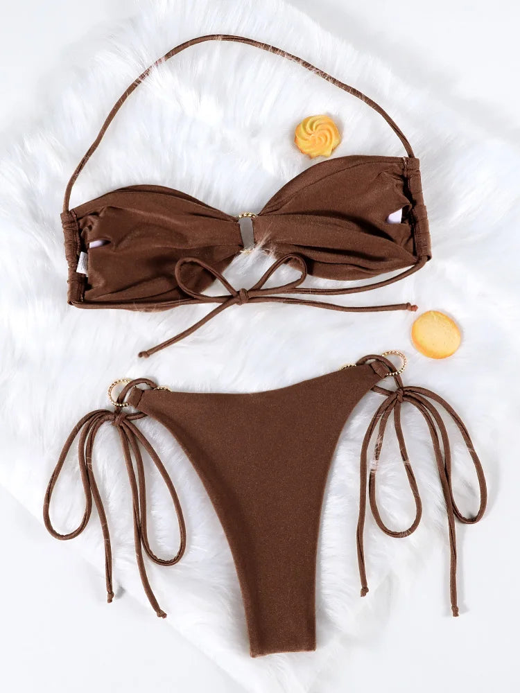 Solid Swimsuit Women Bathing Suit Bandeau Bikini 2026  Biquinis Feminino Swimwear High Waist Bikini Set Beachwear Sexy Bikinis