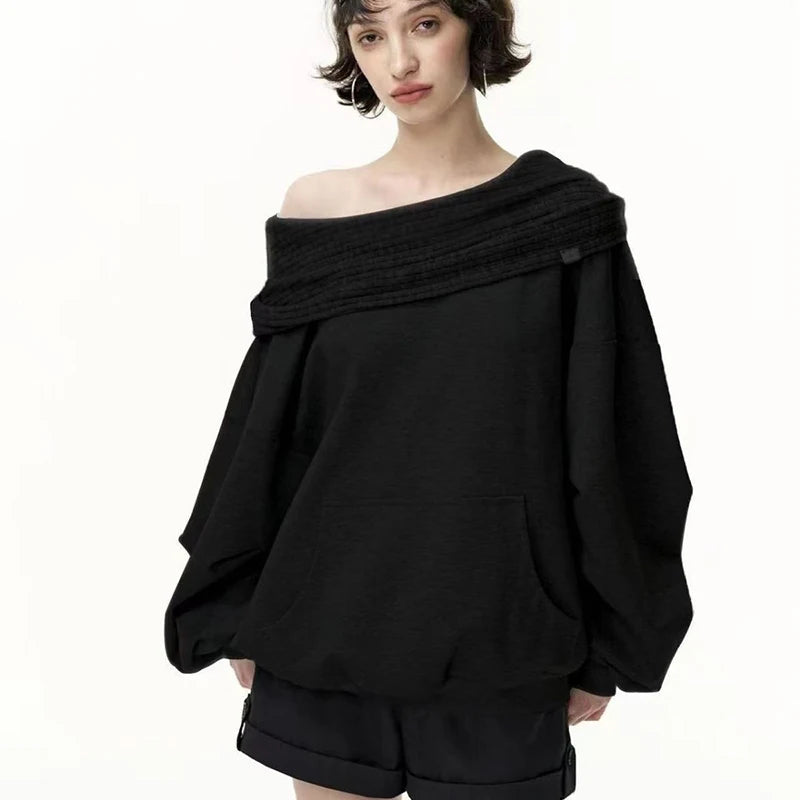 Knit Patchwork Sweatshirt Women Loose Casual Long Sleeve Sporty Top Spring Fall Chic Lazy Off Shoulder Harajuku Y2K Coat