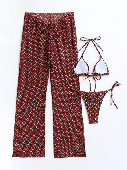 Triangle Print Bikinis Halter Swimwear Women'S Three Piece Swimsuit With Ties Sexy Bathing Suit Mesh Long Trousers Black Biquini