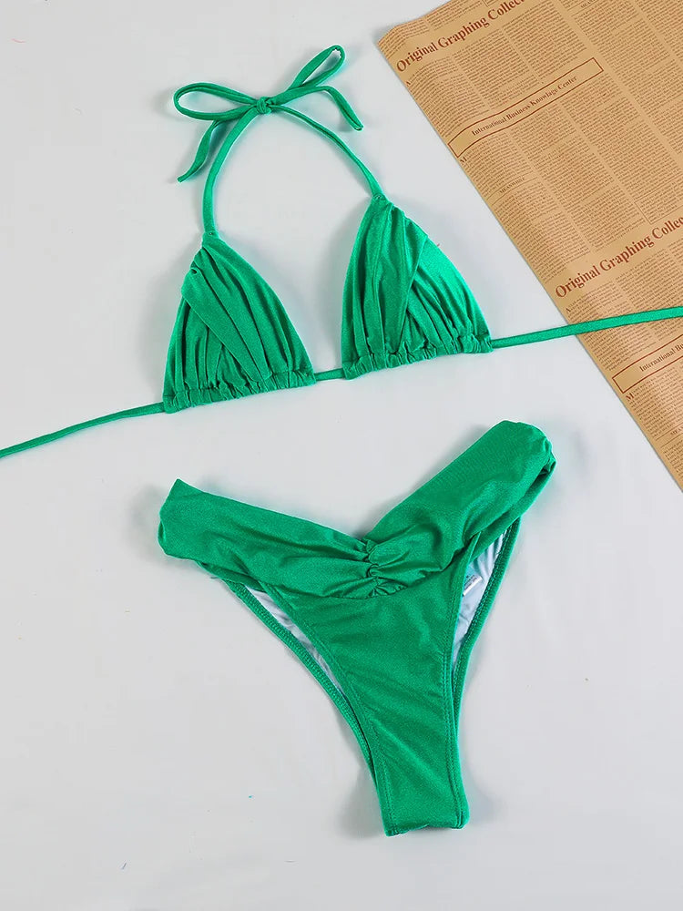 Sexy Folds Bikini Set Solid Micro Bikinis Women Swimsuit Female Triangle Swimwear Beach Wear Bathing Suit