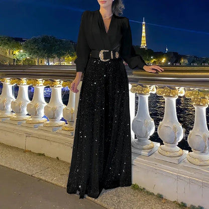 TARUXY Splice Sequins Maxi Dresses For Women Fashion Folds Loose V Neck Elegant Dress Femme Party Evening Dresses Luxury 2023