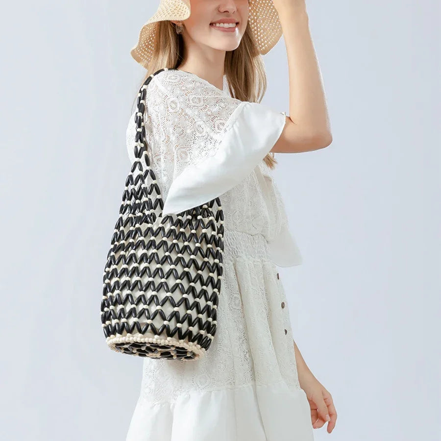 Women Woven Hand Bag Summer Design Hollow-out Wooden Bead Tote Bucket Shoulder Bag Female Reticulate Netted Canvas Beach Handbag
