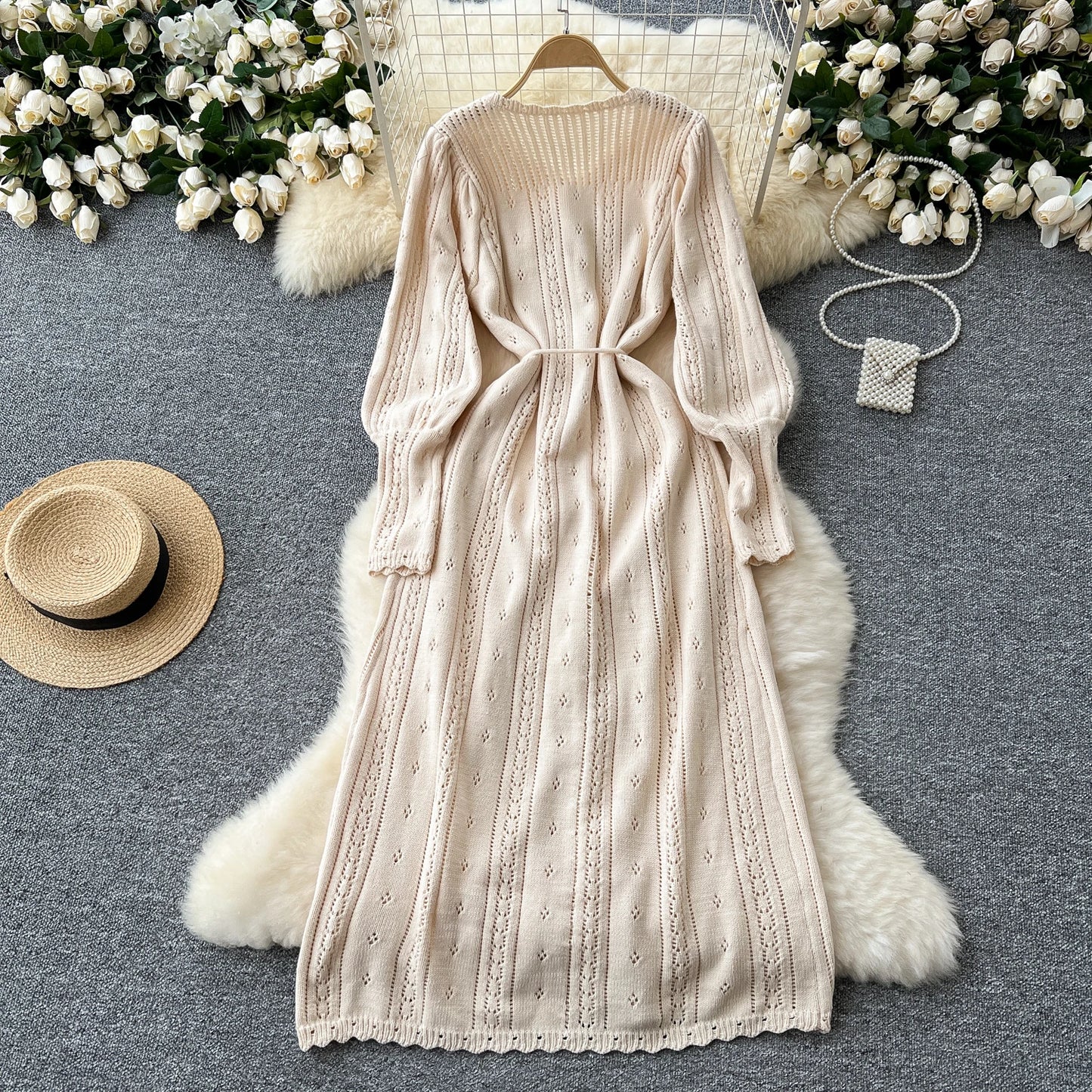 Women's Solid Single Breasted Hollow Out Knit Lace-up Dress Autumn Fashion Round Neck Elegant Festival Sweater Long Dresses 2024