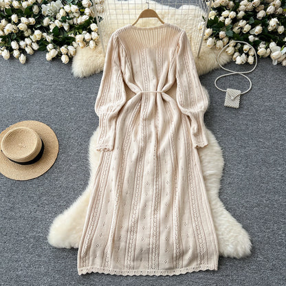 Women's Solid Single Breasted Hollow Out Knit Lace-up Dress Autumn Fashion Round Neck Elegant Festival Sweater Long Dresses 2024