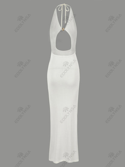 Sexy Knit Halter V Neck Slit Beach Maxi Dress For Women 2026 Chic Button Cut Out Backless Party Dresses Swimwear Cover Up A3151