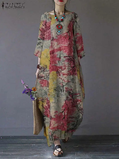 ZANZEA Bohemian Vintage Robe Women Maxi Long Dress Elegant Floral Printed Sundress Causal Loose Cotton Vestidos Autumn Dresses