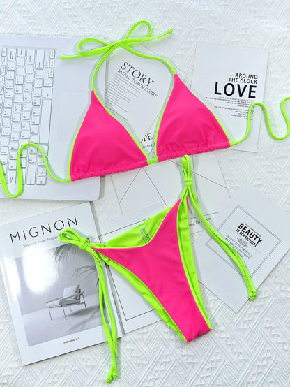 2026 Summer Women's Micro Bikini Set Sexy Halter Lace-Up Swimwear Push Up Thong Trikini Backless Swimsuit Bathing Suit Monokini