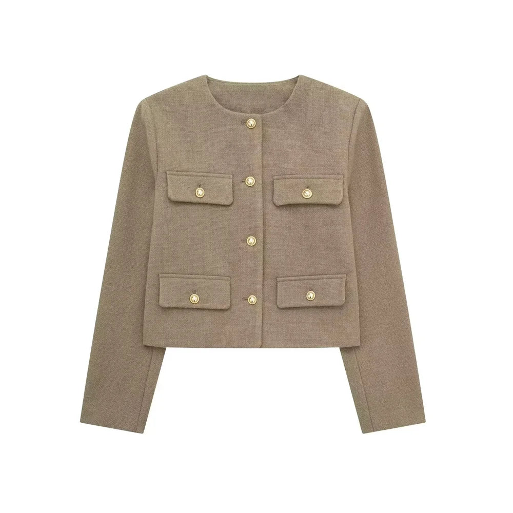 Women's Golden Button Jacket Coat, O Neck, Long Sleeve, Female Outerwear, Chic Tops, Fashion