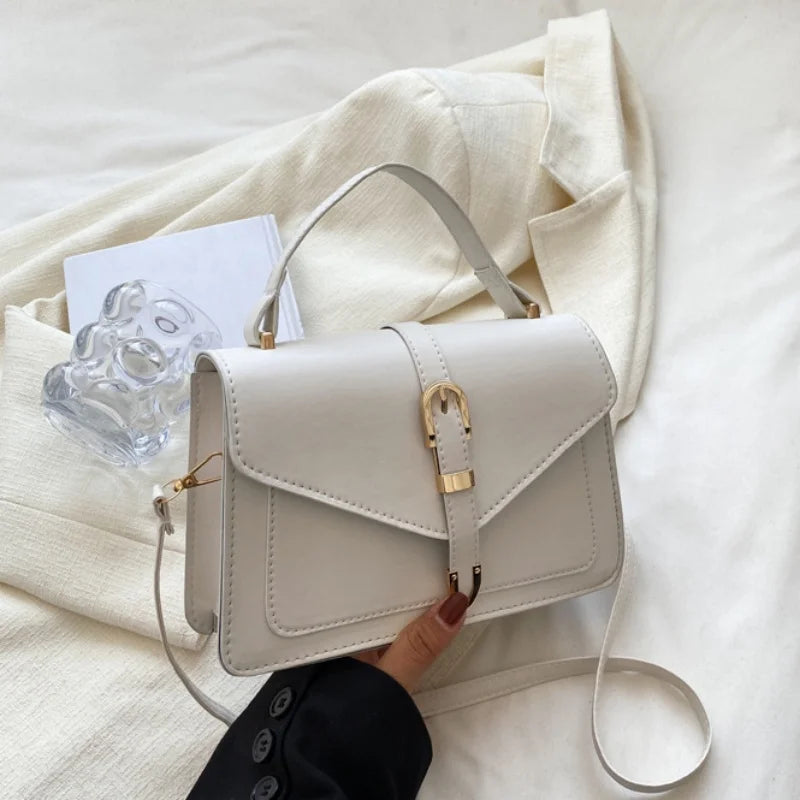 Fashionable Minimalist Crossbody Bag with Top Handle and Flap for Women - Solid Color Square Purse with Simple Design