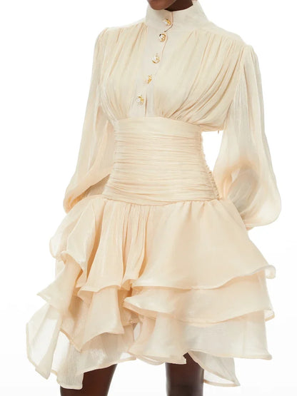 Women Elegant High Collar Ruffled Mini Dress Chic Long Puff Sleeves Waist Cinching A-line Dresses 2026 Lady Evening Dinner Gowns