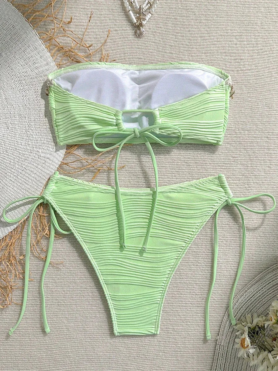 XS - XL Bandeau Wrinkled High Cut Bikini Women Swimwear Female Swimsuit Two-pieces Bikini Set Shell Bather Bathing Suit Swim