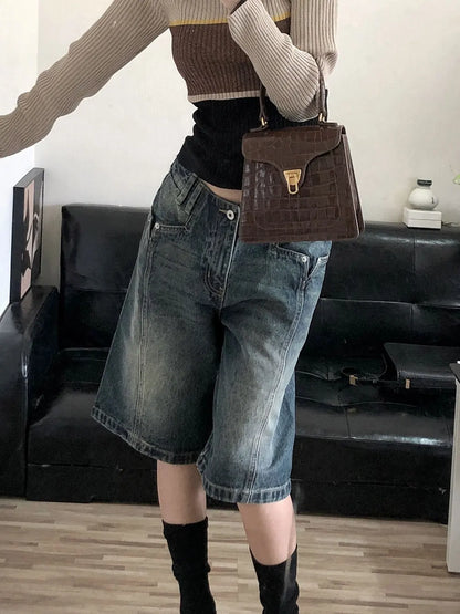 American Retro Blue Denim Shorts Women Korean Style High Waist Biker  Jeans Feminino 2026 Summer Chic Streetwear