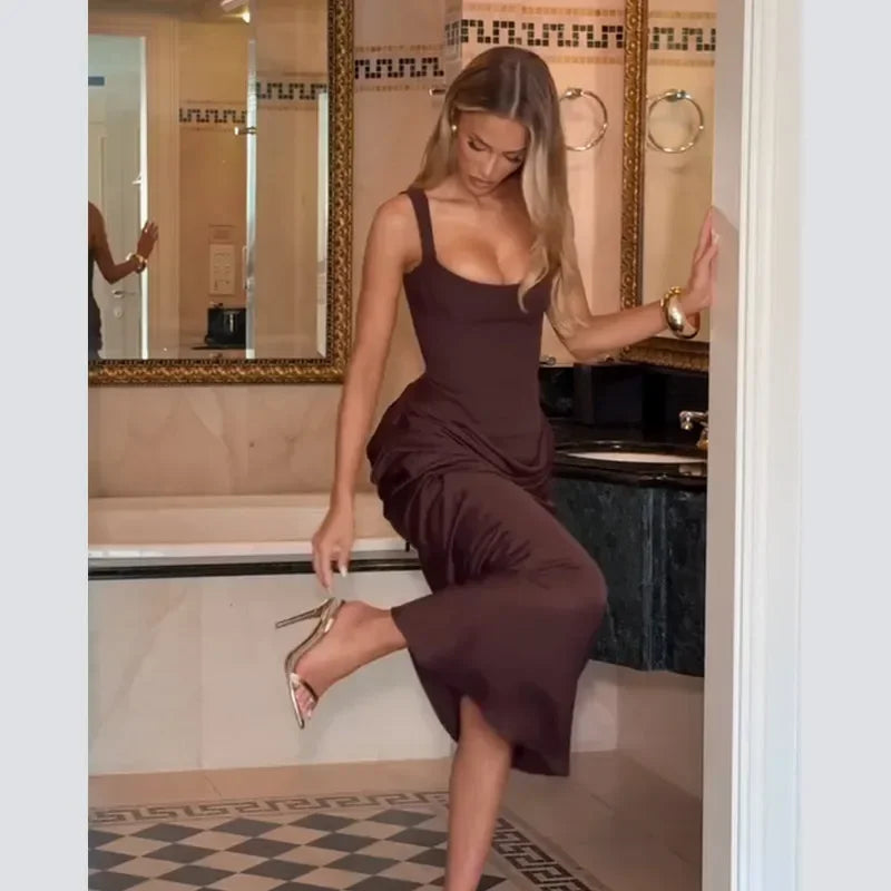Sexy Luxury Pleated Sling Long Dress Women Elegant Solid Sleeveless Slim Fit Maxi Dresses 2026 Shinny Daily Lady Vestidos New