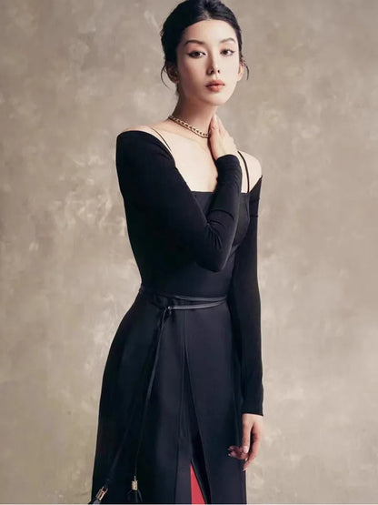 QMQA Fashion Women's Elegant Dresses Off The Shoulder Long Sleeve Split Asymmetric Hem Thin Middle Low Waist Dress New 1A200