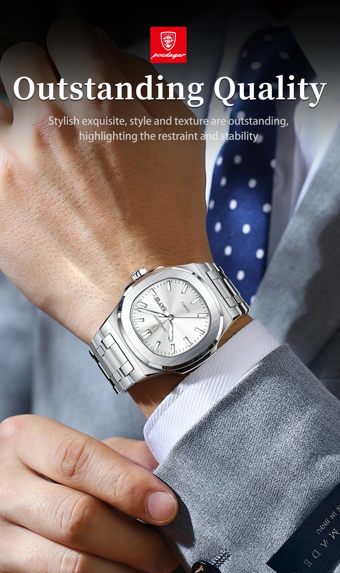 POEDAGAR Classic Square Men Wristwatch Waterproof Luminous Date Week Casual Man Clock Stainless Steel Men's Quartz Watches Reloj