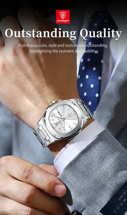 POEDAGAR Classic Square Men Wristwatch Waterproof Luminous Date Week Casual Man Clock Stainless Steel Men's Quartz Watches Reloj