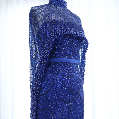 Sharon Said Luxury Pearls Dubai Champagne Evening Dresses with Cape New Arabic Women Mermaid Wedding Party Prom Dress SS369