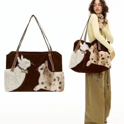 Women Bags New Fashion Vintage PU “Velvet Cat Dialogue” High-Capacity Shoulder Bag Handbag