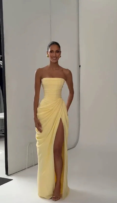 Elegant Yellow Strapless Pleated Dress Women Chic Sleeveless Waist Cinching Split Maxi Gowns Lady Evening Party Dresses 2026 New