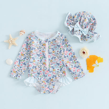 MISOWMNJOY Ruffle Floral Print Baby Girls Beachwear Summer Rash Guard Swimsuit Long Sleeve Bathing Suit Infant Swimwear with Hat
