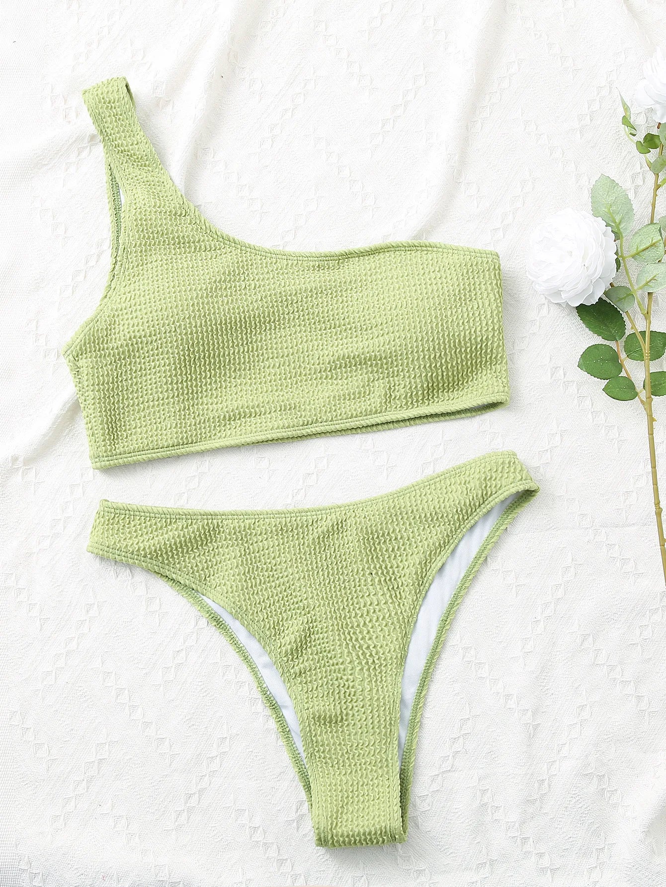 One Shoulder Bikini Textured Swimwear High Cut Swimsuit Solid Bathing Suit Women Brazilian 2025 Fashion