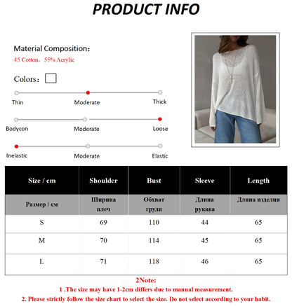 Bornladies Simple Solid Color Long Sleeved Sweater Women's Spring Knitted Hollow Top Loose Versatile Casual Sweater Pullovers