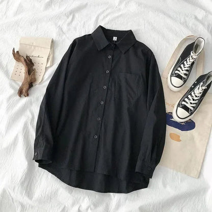 Japanese Style Loose Long Sleeve White Shirts Women Preppy Style Pocket Turn Down Collar Shirt Woman Harajuku Oversized Blouse