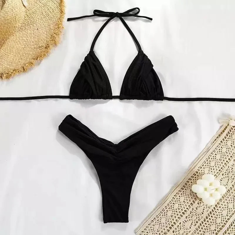 2024 Sexy Micro Bikinis Women Halter Brazilian Bikini Set Female Pleated Swimsuit New Triangle Swimwear Beach Wear Bathing Suit