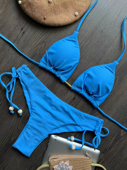 2025 New Sexy Triangle Bathing Suit for Women Brazilian Bikinis Halter Swimwear Push Up Swimsuit Metal Chain Beach Bikini Set