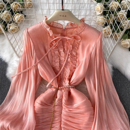 Elegant Autumn Ruffles Long Sleeve Maxi Mermaid Dress Women Hollow Out Casual Satin Fishtail Cake Dresses Prom Evening Vestidos