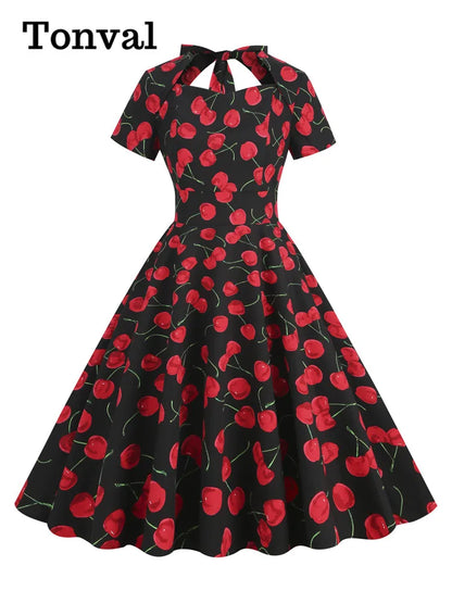 Tonval Sweetheart Neck High Waist Cherry Vintage 50s Midi Dress Short Sleeve Backless Women Tie Back Cotton Rockabilly Dresses