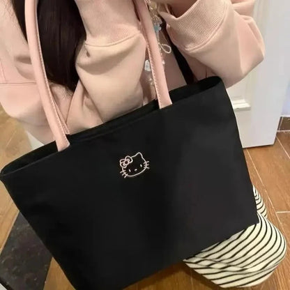 Fashionable womens HelloKitty black tote bag cute cartoon embroidery large capacity shopping bag fashionable womens shoulder bag